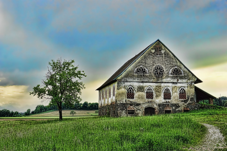 image of an antiquated home on a hill next to a tree